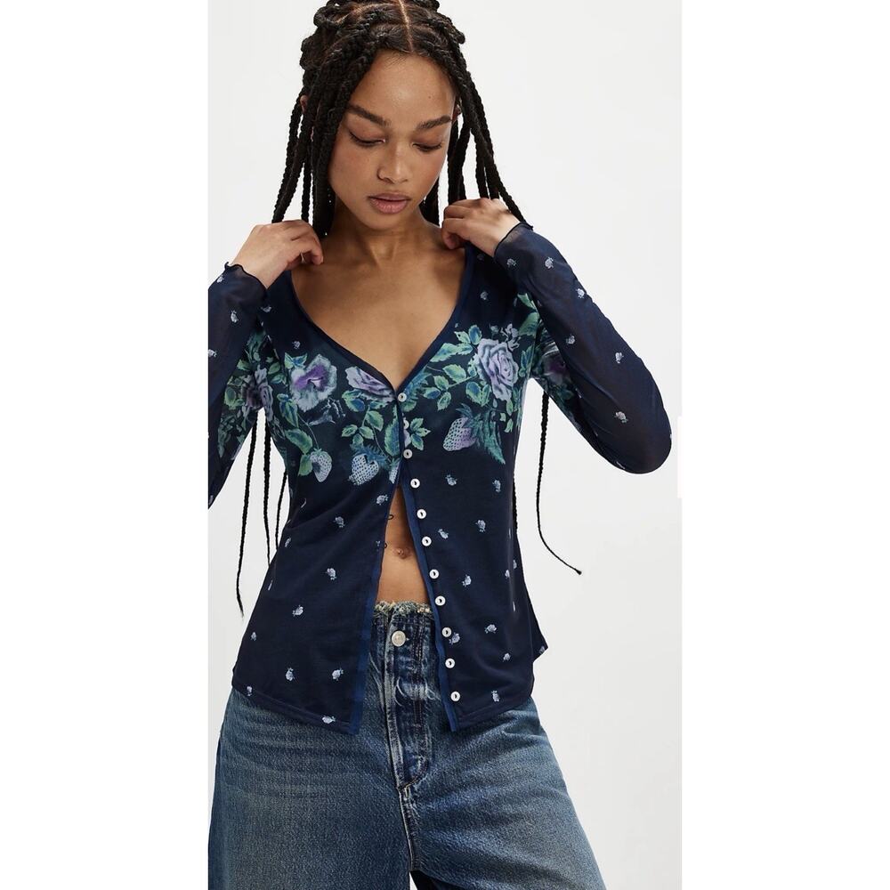 Free People Home Grown Mesh Cardigan Navy Blue Floral Size Large NWT Cottagecore